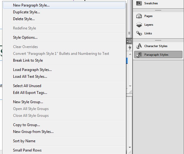 Paragraph Styles drop down menu. New Paragraph Style is the first item in this menu.