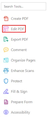 Adobe Acrobat edit PDF tool bar options