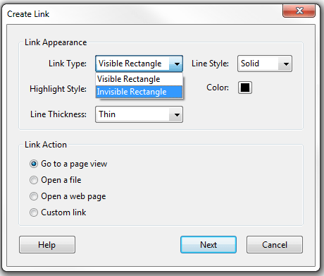 Create link window. Link Type drop down menu selected. Invisible Rectangle option selected