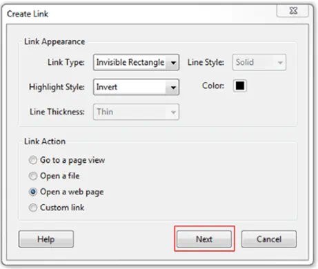 Create link window. Next button highlighted