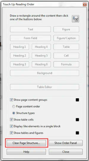 Touch up Reading Order window. Clear Page Structure button at the bottom of window selected