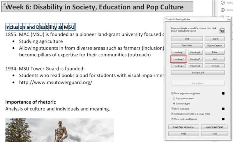 Text displaying Inclusion and Disability at MSU highlighted. Set as Heading 2