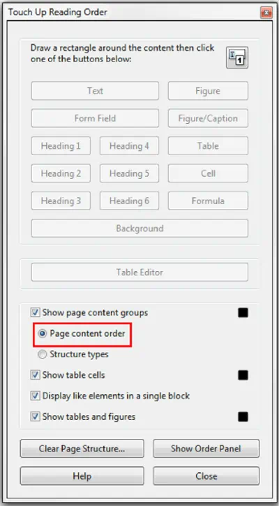 Touch Up Reading Order window. Page content order box selected