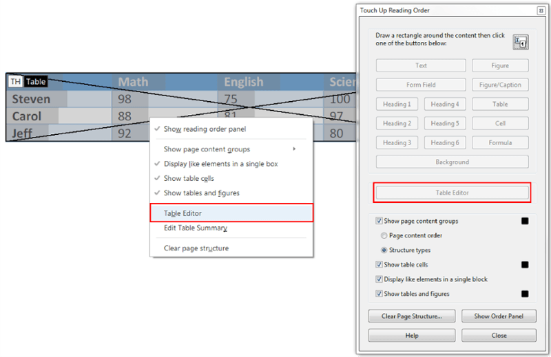 Touch Up Reading Order window. Table Editor option selected