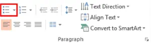 Top home ribbon in Microsoft PowerPoint. List option highlighted from Paragraph section