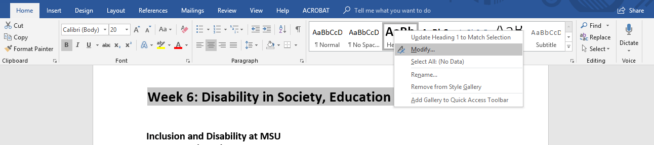 Top ribbon in Microsoft Word under home tab. Drop down menu from Heading 1 option selecting Modify. 