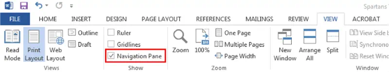 Top ribbon in Microsoft Word under view tab. Navigation pane check box highlighted from Show section.